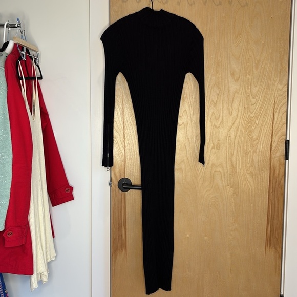 Zara Knit Dress Ribbed Maxi Zip Mockneck Black Size Medium - Picture 4 of 6